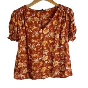 Rachel Zoe NWT Orange Floral Print Short Sleeve Vneck Boho Blouse Size XS